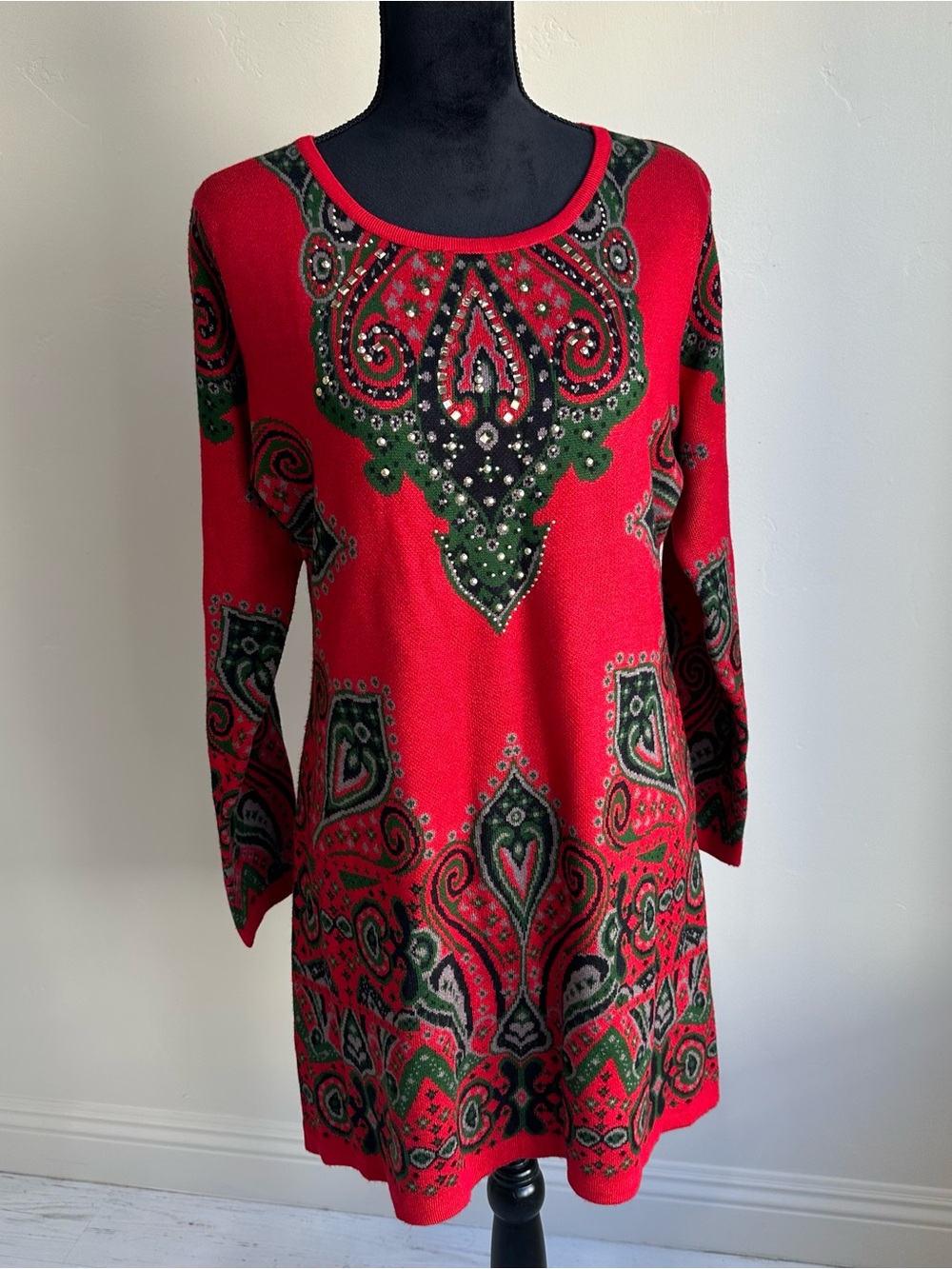 Vintage Red & Green Paisley Knit Tunic Dress size medium